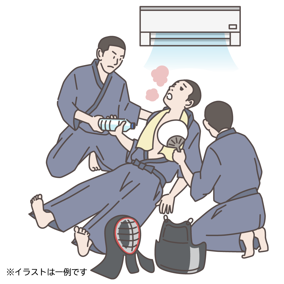 熱中症の人を涼しい場所に移して応急処置をする様子のイラスト