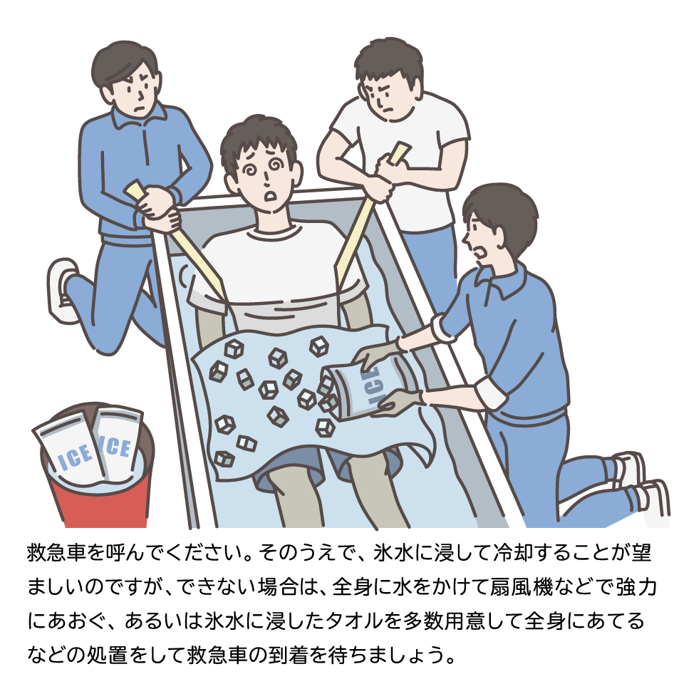 高体温が疑われた場合に氷水をいれたゴムプールに体を入れ冷やす様子のイラスト