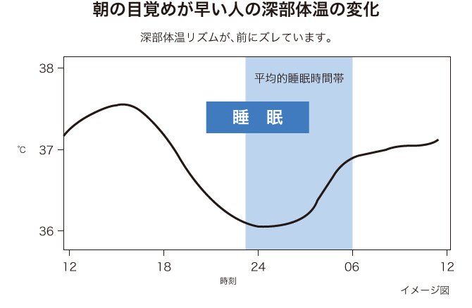 朝の目覚めが早い人の深部体温の変化のグラフ